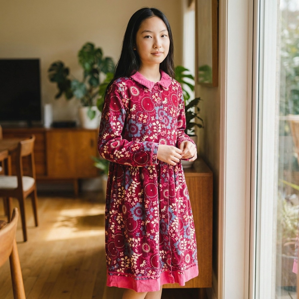 Hanna Andersson Corduroy Dress Kids 150 Burgundy Floral Long Sleeve‎ 5830 FW05